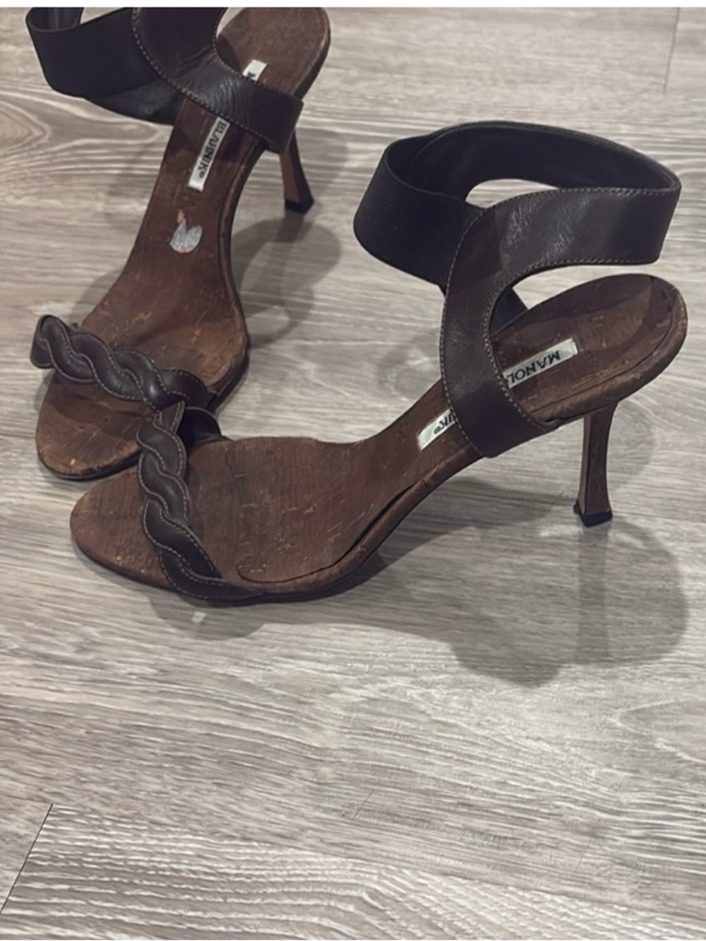 Manolo Blahnik Dark Brown Leather Strappy Stiletto Sandals